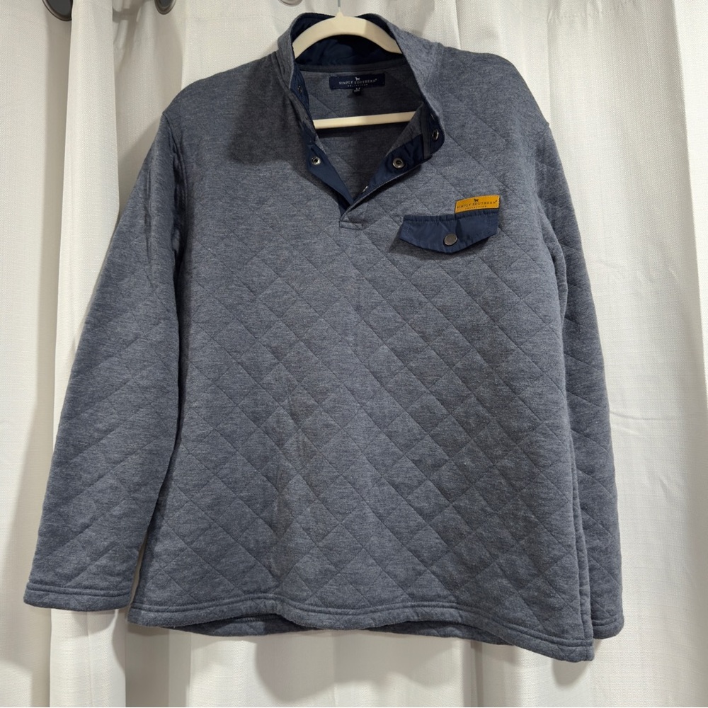 Simply Southern Womens Gray Quilted Snap Pullover Sweater Navy Trim Size M